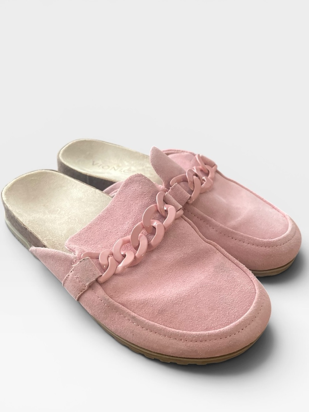 Vionic Georgie Blush Rose Pink Suede Chain Mule Loafers Size 7 Orthotic Comfort